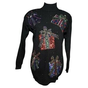 Marisa Christina Medium Christmas Sweater Sequin Presents Lambswool Angora Black